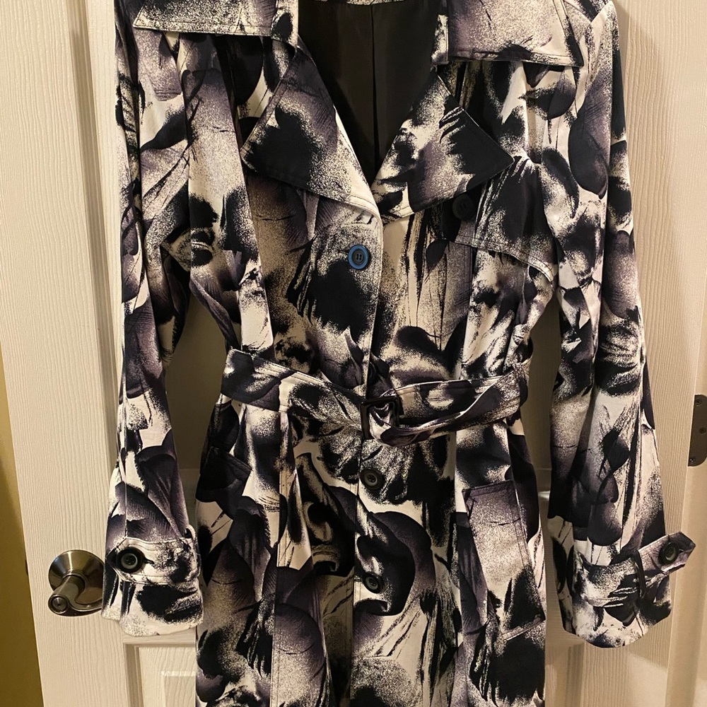 Abstract Print Navy, Black and White Trench Coat.